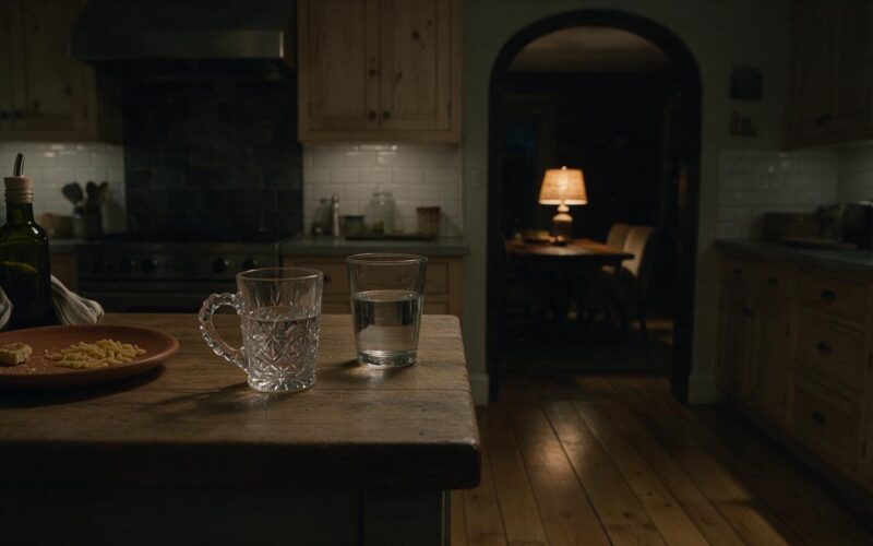 A dim kitchen counter with two half empty glasses late at night reflecting the overnight Big Brother 28 spoilers from the live feeds