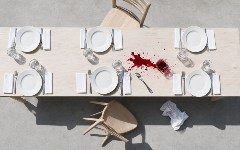 Overhead view of a dining table left mid meal with chairs pushed back and one glass tipped over