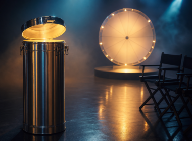 BB Time Capsule concept with an open chrome capsule canister under stage light beside a glowing prize wheel and two empty director chairs