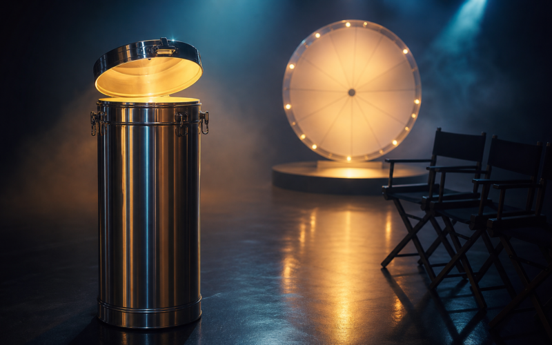 BB Time Capsule concept with an open chrome capsule canister under stage light beside a glowing prize wheel and two empty director chairs