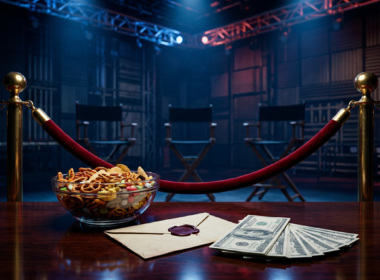 A bowl of snacks roped off behind a red velvet stanchion on a Big Brother 28 style studio set, with a cash envelope and three empty nomination chairs behind it