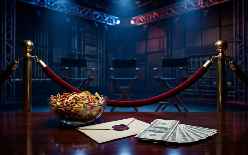 A bowl of snacks roped off behind a red velvet stanchion on a Big Brother 28 style studio set, with a cash envelope and three empty nomination chairs behind it