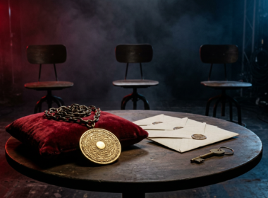 Big Brother 28 spoilers concept with a gold veto medallion on a red velvet cushion, three sealed envelopes and three empty chairs on a dark studio set