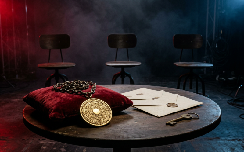 Big Brother 28 spoilers concept with a gold veto medallion on a red velvet cushion, three sealed envelopes and three empty chairs on a dark studio set