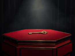 Big Brother 28 Block Buster concept: a lone brass key on a spotlit red podium in a dark studio