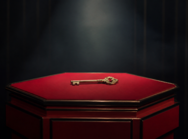 Big Brother 28 Block Buster concept: a lone brass key on a spotlit red podium in a dark studio