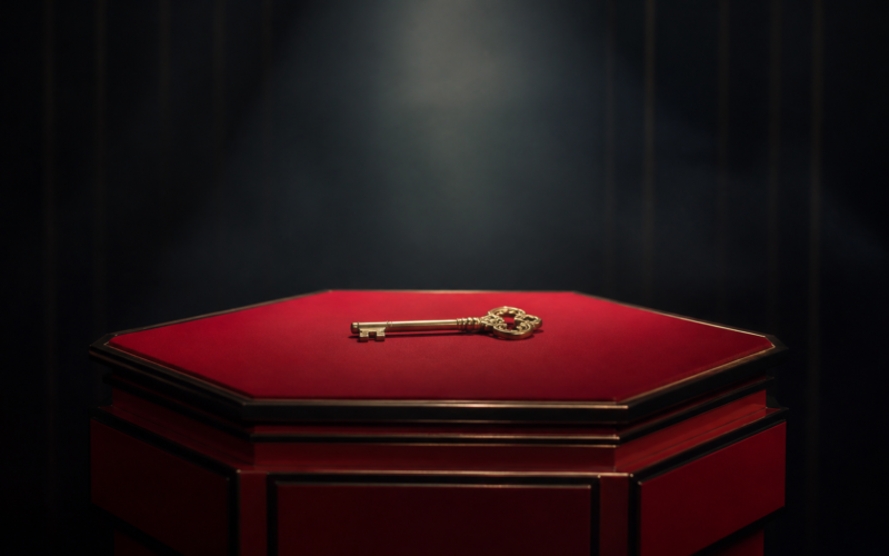Big Brother 28 Block Buster concept: a lone brass key on a spotlit red podium in a dark studio