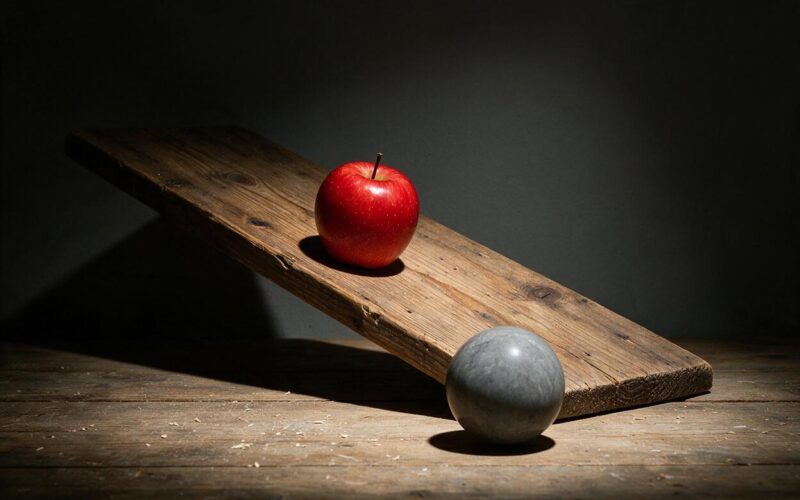 Big Brother 28 eviction concept: a red apple and a stone ball on a wooden ramp under a spotlight
