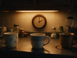 Big Brother 28 overnight feeds image of a dark kitchen counter lit by under cabinet lighting with three abandoned mugs and a clock reading two o clock