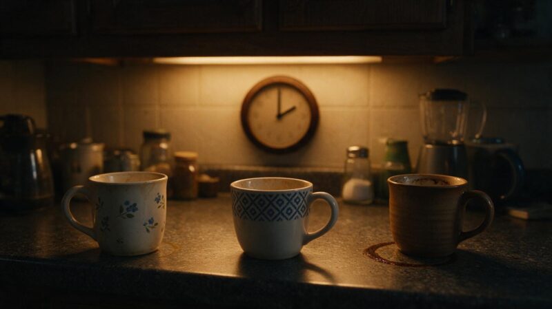 Big Brother 28 overnight feeds image of a dark kitchen counter lit by under cabinet lighting with three abandoned mugs and a clock reading two o clock
