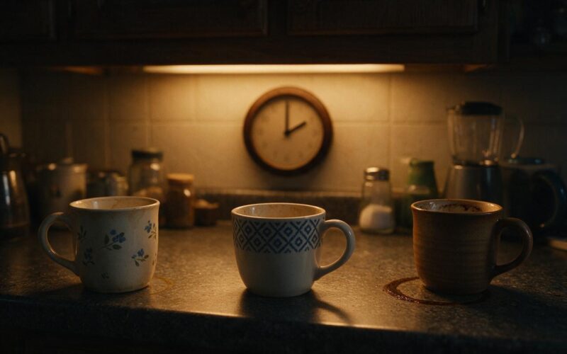 Big Brother 28 overnight feeds image of a dark kitchen counter lit by under cabinet lighting with three abandoned mugs and a clock reading two o clock