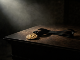 Big Brother 28 Power of Veto concept: a golden veto medallion resting untouched on a dark table under a spotlight