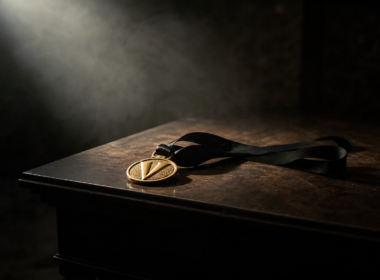 Big Brother 28 Power of Veto concept: a golden veto medallion resting untouched on a dark table under a spotlight