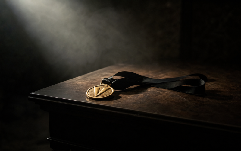 Big Brother 28 Power of Veto concept: a golden veto medallion resting untouched on a dark table under a spotlight