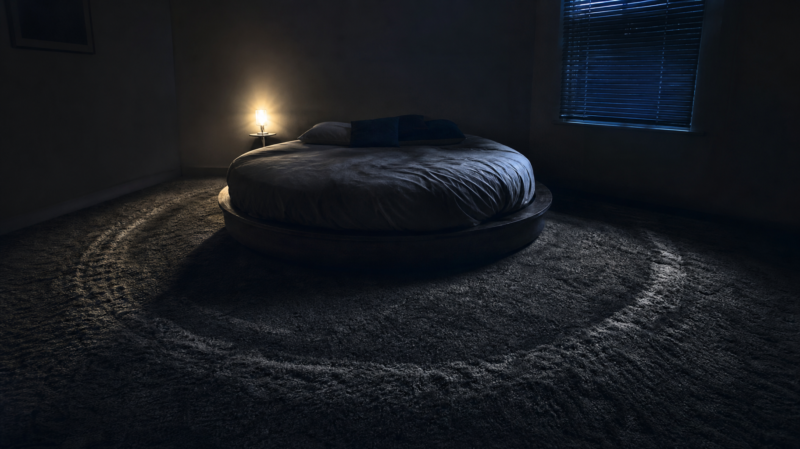 Big Brother 28 eviction spoilers shown by a dark empty bedroom with a round bed and a worn pacing path in the carpet