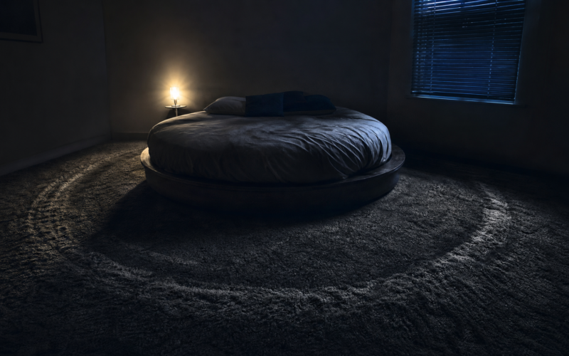 Big Brother 28 eviction spoilers shown by a dark empty bedroom with a round bed and a worn pacing path in the carpet