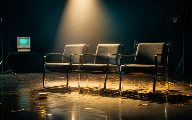 Big Brother 28 recap image showing three empty nomination chairs under a spotlight on a dark studio set
