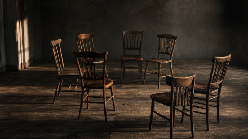Big Brother 28 Mosh Pit alliance falling apart shown by a circle of seven wooden chairs with two turned away, breaking the ring