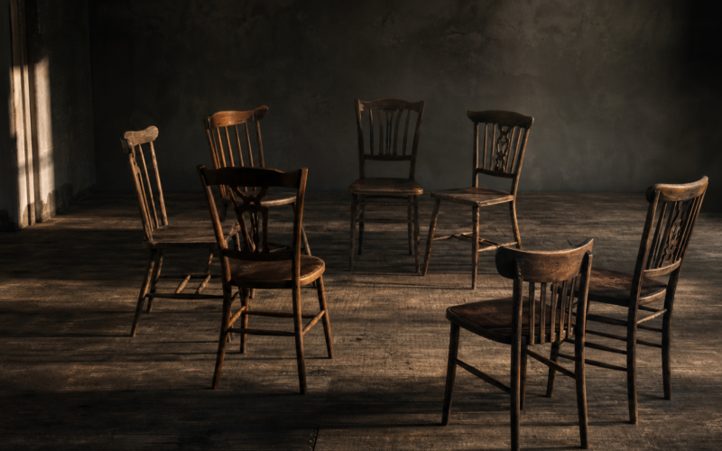 Big Brother 28 Mosh Pit alliance falling apart shown by a circle of seven wooden chairs with two turned away, breaking the ring