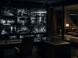A dark surveillance control room with a wall of glowing monitors overlooking an empty living room, evoking live feed spoilers