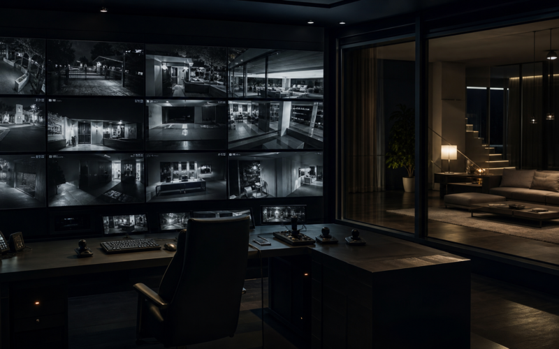 A dark surveillance control room with a wall of glowing monitors overlooking an empty living room, evoking live feed spoilers