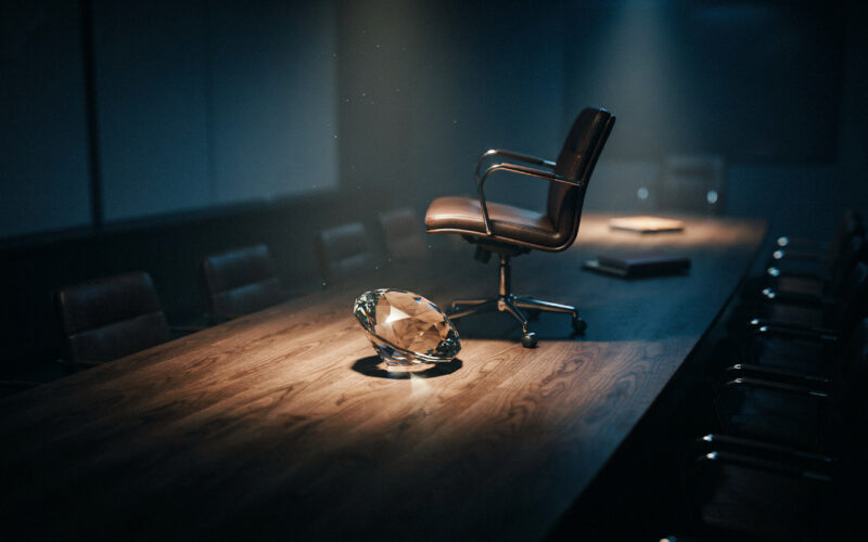 Big Brother 28 spoilers image showing a faceted diamond on a dark boardroom table with one empty chair pushed back