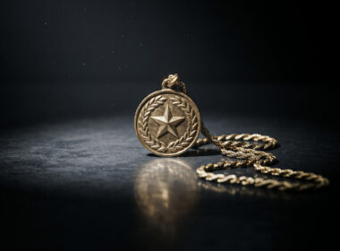 A golden power medallion on a chain resting on a dark glossy table under a dramatic spotlight, evoking a Big Brother veto
