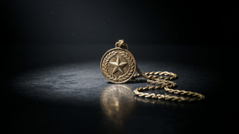 A golden power medallion on a chain resting on a dark glossy table under a dramatic spotlight, evoking a Big Brother veto