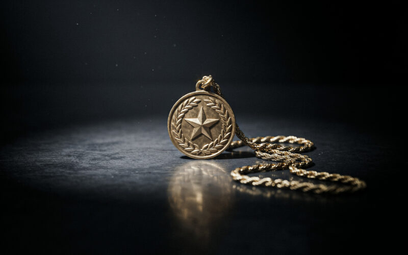 A golden power medallion on a chain resting on a dark glossy table under a dramatic spotlight, evoking a Big Brother veto