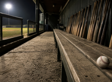 Brewers Mariners 22-0 shutout represented by an empty dugout bench at night with a row of bats and one baseball