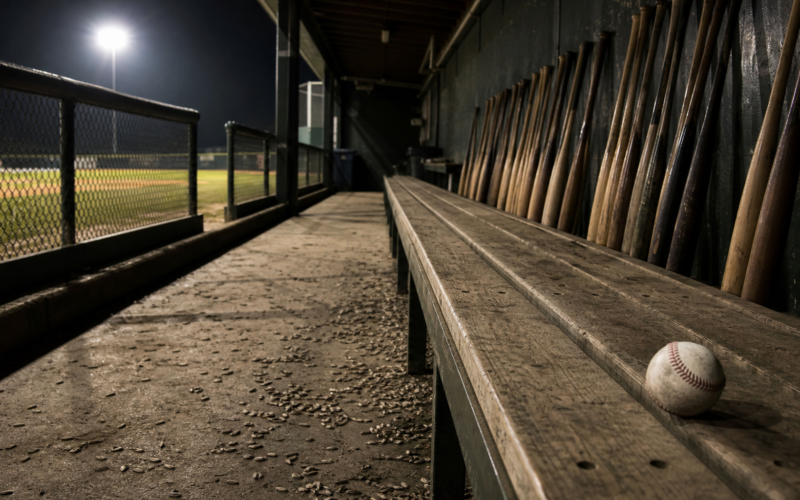 Brewers Mariners 22-0 shutout represented by an empty dugout bench at night with a row of bats and one baseball