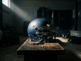 A football helmet resting on a bench in a dim locker room with a single shaft of light