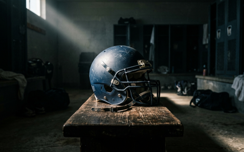 A football helmet resting on a bench in a dim locker room with a single shaft of light