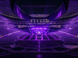 BTS AT&T Stadium concept: a giant stadium filled with purple concert lights at night