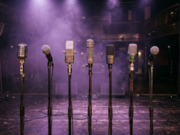 BTS reunion concept: seven microphones in a row on a stage under purple spotlights