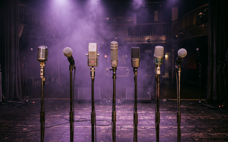 BTS reunion concept: seven microphones in a row on a stage under purple spotlights