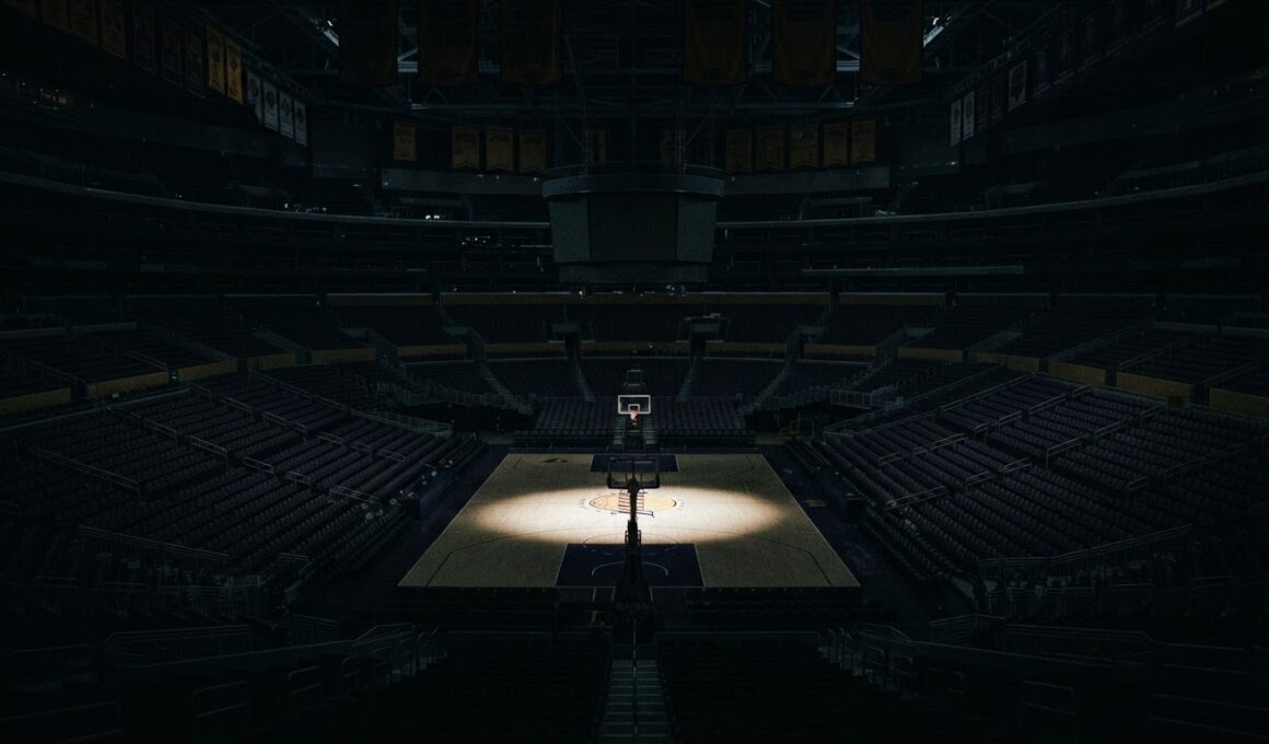 Buss family Lakers stake sale illustrated by a darkened empty arena with a spotlight on center court