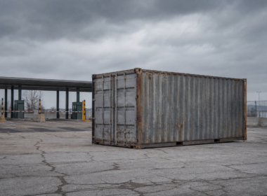 Canada 50 percent tariffs concept, lone shipping container at an empty border crossing