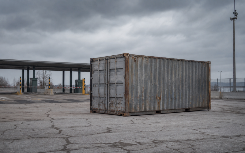 Canada 50 percent tariffs concept, lone shipping container at an empty border crossing