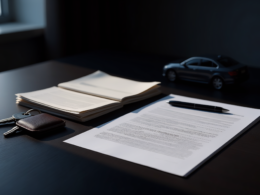 Car keys resting beside a folded insurance policy and renewal statement on a dark desk, illustrating rising car insurance premiums in 2026