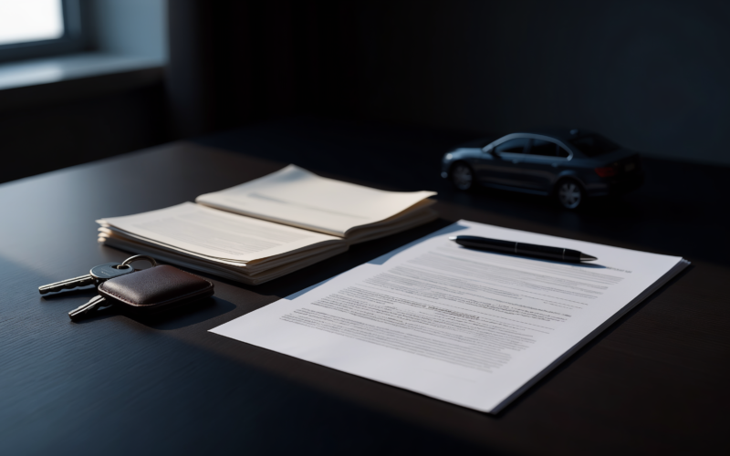 Car keys resting beside a folded insurance policy and renewal statement on a dark desk, illustrating rising car insurance premiums in 2026