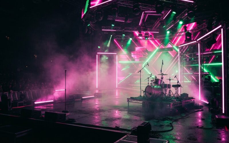 A vibrant neon lit concert stage with haze and pink and green lighting, evoking an energetic pop show