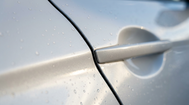 China vehicle recall, macro of a flush door handle seam on wet pearl white car paint