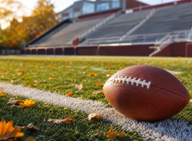 An American football resting on a chalk yard line of a sunlit college stadium field