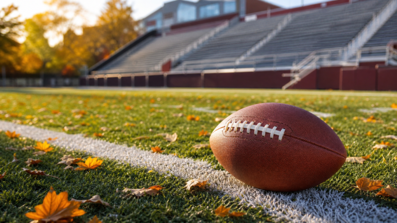 An American football resting on a chalk yard line of a sunlit college stadium field