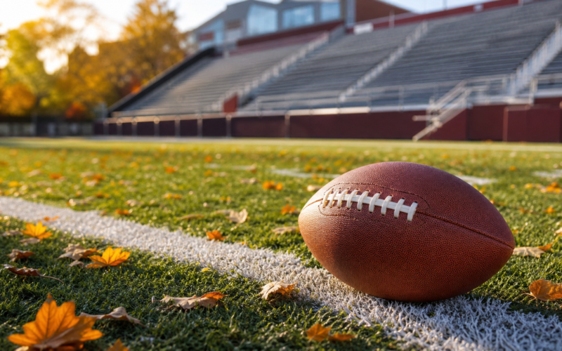 An American football resting on a chalk yard line of a sunlit college stadium field