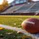 An American football resting on a chalk yard line of a sunlit college stadium field