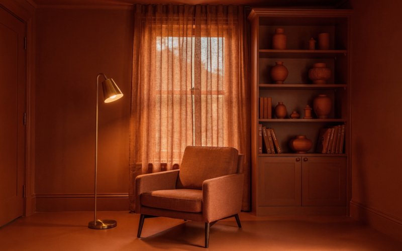 Color drenching in a home study with walls, trim, ceiling and shelving all painted the same terracotta tone