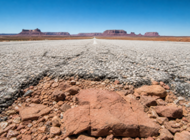 Worm eye view down an empty desert highway toward red rock mesas under a brilliant blue sky