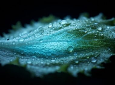 Cyclospora outbreak shown by a backlit iceberg lettuce leaf with water droplets under cold clinical blue light